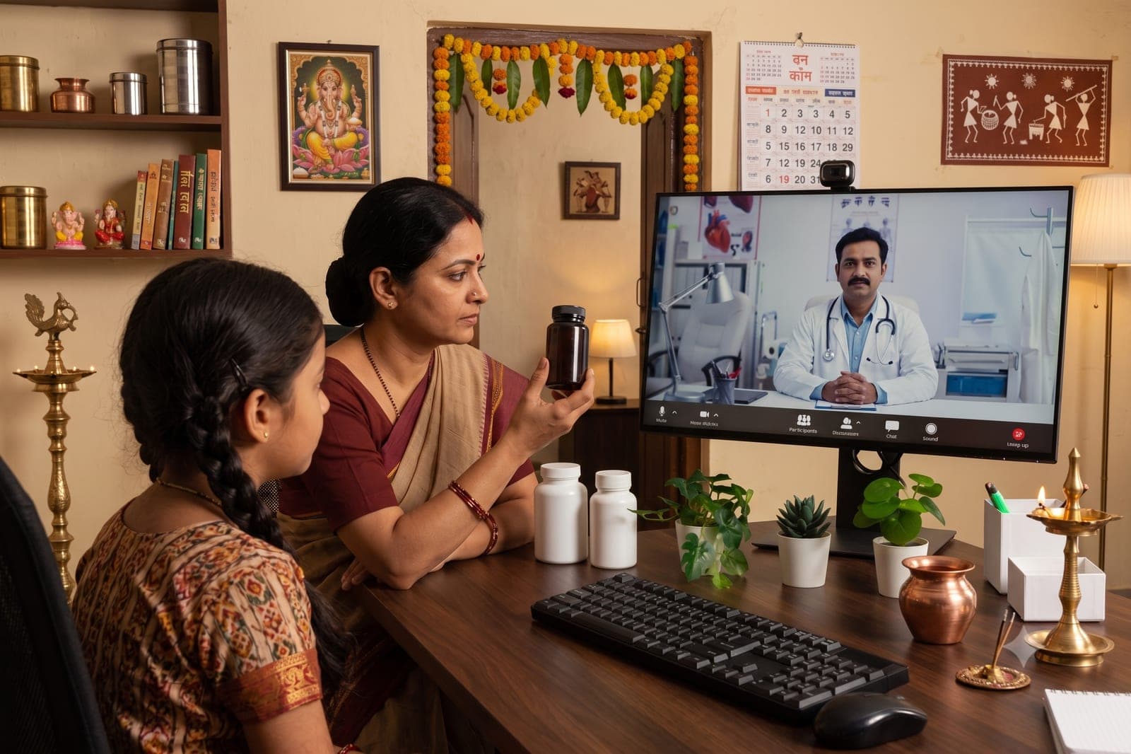 Family on a video consultation with a doctor from their home