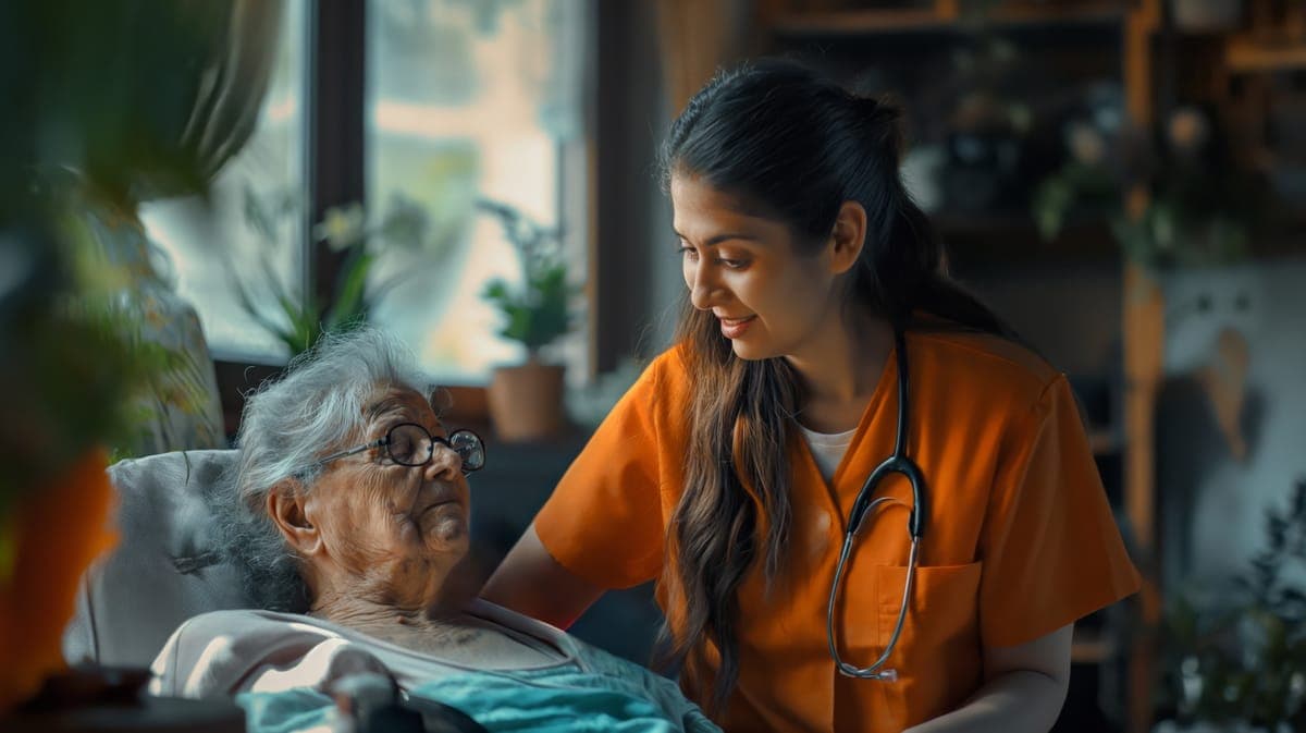 Caregiver assisting a senior with geriatric care at home