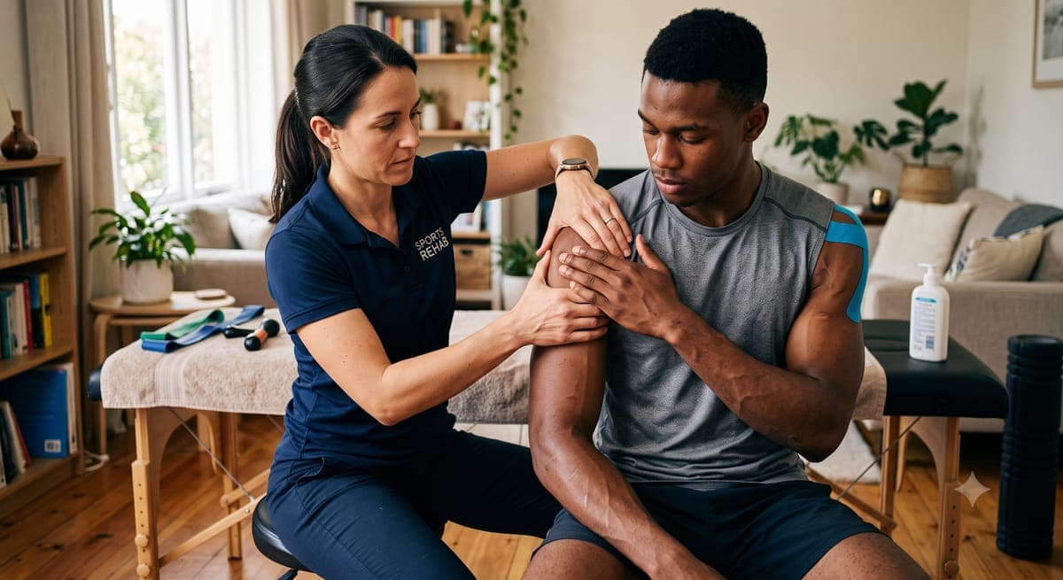 Physiotherapist guiding a patient through a session at home